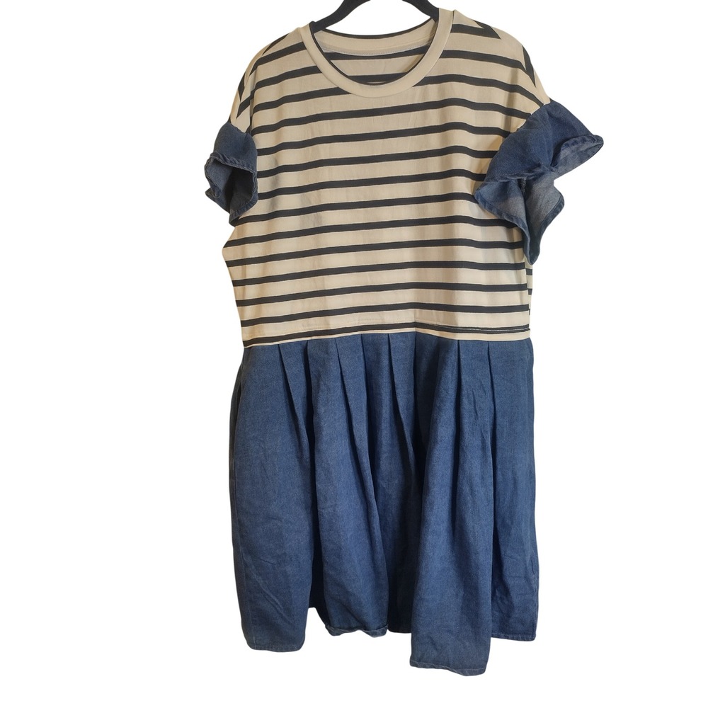 Potili Striped Denim Ruffle Sleeve Dress XL Blue Cream Nautical Pleated Pockets